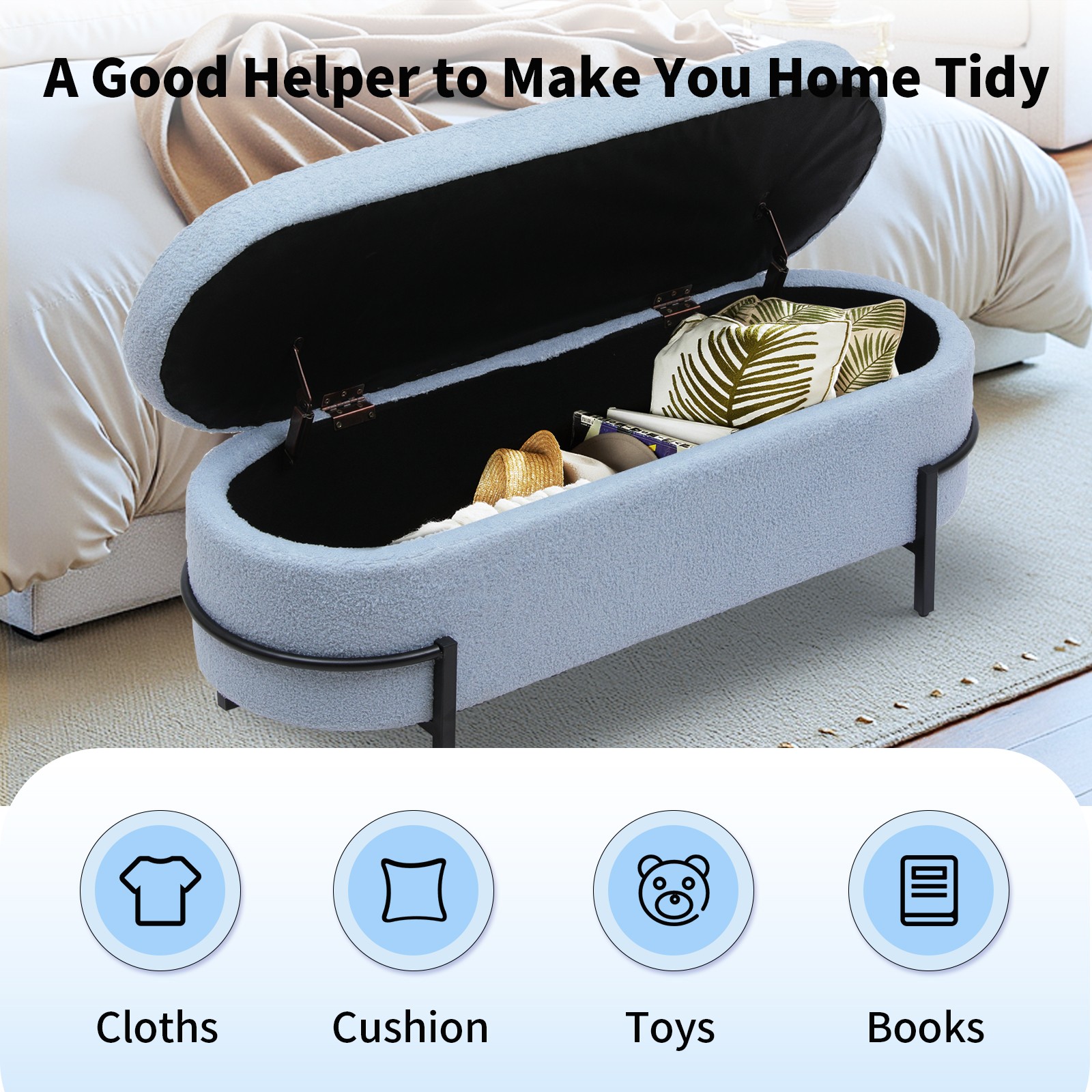 Storage Ottoman End of Bed Bench Upholstered Benches with Metal Legs Blue