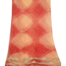 Sanskriti Vintage Red & Cream Dupatta Long Stole Net Mesh Hand Beaded Wrap Veil