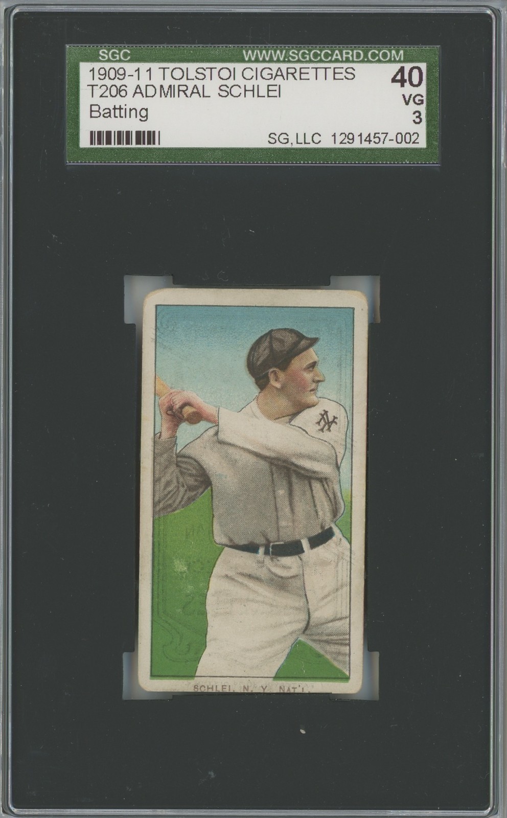 T206 1909-11 ADMIRAL SCHLEI BATTING - NEW YORK - TOLSTOI BACK RARE - SGC 3