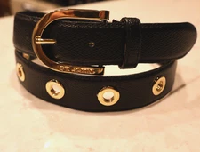 Excellent Black Classic Leather ST. John Ladies Belt Gold Buckle SZ 32/MED 474