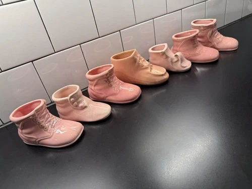 Vintage Collection of 7 Pink Pottery Baby Booties Shoes Planters Nursery Shower