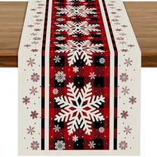 72 x 13 Inch Christmas Table Runner   Buffalo Plaid Buffalo Plaid Snowflakes