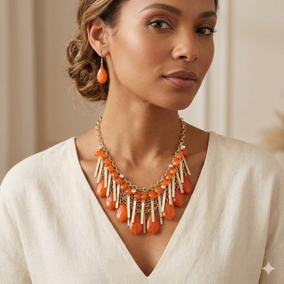 Bijou Orange statement necklace with earrings set NWT