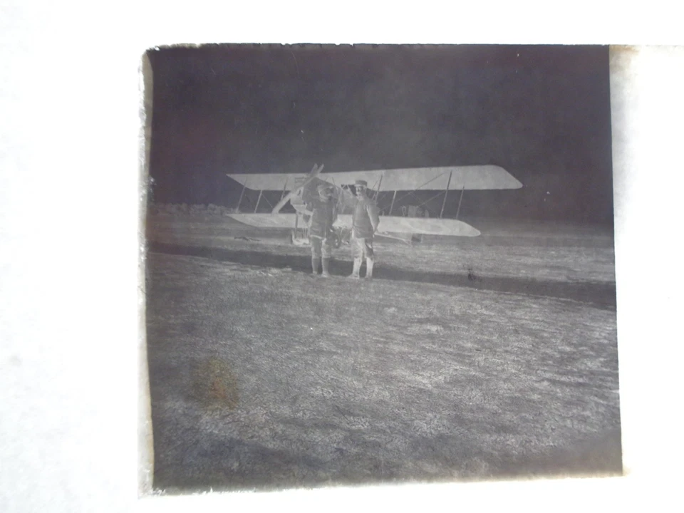 Plaque stéréoscopique avion 2 ailes avec militaires vers 1900 - Photo 1/1