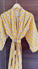 Indian Yellow Floral Print Cotton Robes Beach Kimono Dress Robe Kimono Maxi Gown