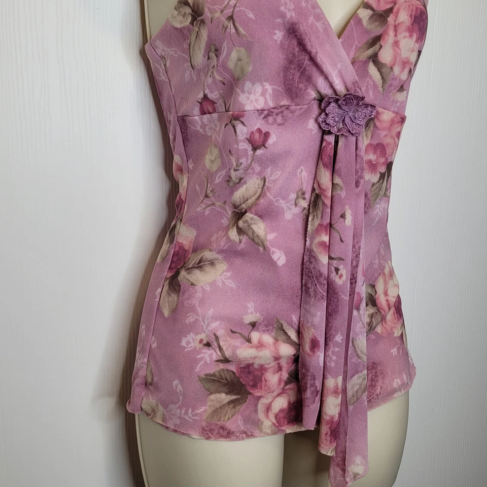 Vtg Y2K Express Babydoll Mesh Tank Top S Mauve Floral - Image 2 of 4