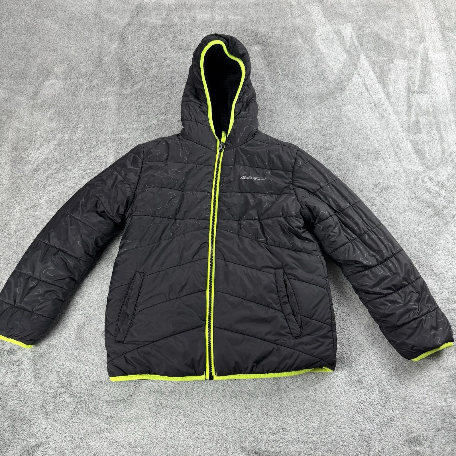 Eddie Bauer Reversible Youth Black Down Puffer Jacket Size M 10/12 With Hood