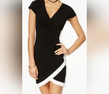 Almost Famous Black & White Faux Wrap Bodycon Mini Dress, Size Small EUC