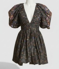 $795 Ulla Johnson Women's Green Gwen Abstract Print Puff Sleeves Dress Size 8