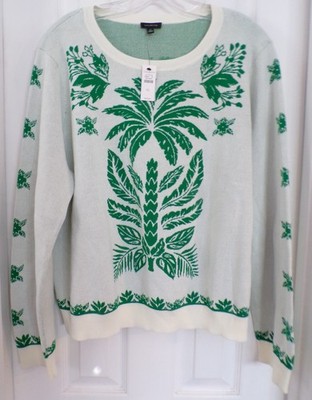 NWT NEW SUMMER TALBOTS SIZE XL PALM TREE SWEATER IVORY / GREEN $109.00