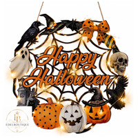 Halloween TüRkranz Deko Mit Led-Lichtern 29Cm Holz Schild KüRbis Geist KräHe