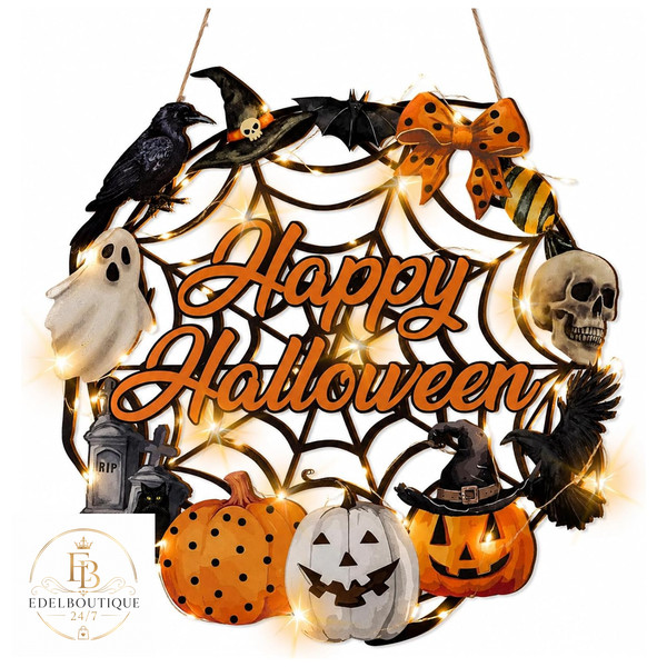 Halloween TüRkranz Deko Mit Led-Lichtern 29Cm Holz Schild KüRbis Geist KräHe-image