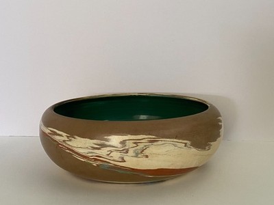 Desert Sands Evans Pottery 9'' Bowl Handmade Blue Brown Mission Swirl Clay 1950s
