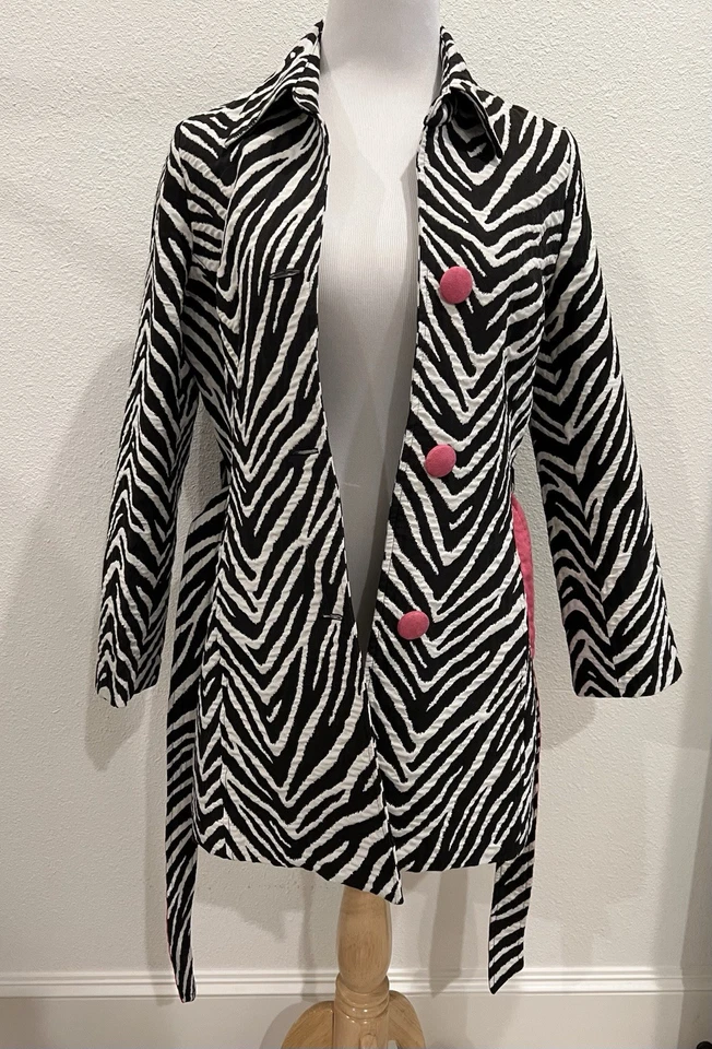 Vintage 3 SISTERS Women’s Medium Zebra Print Trench Coat Belted Jacket Pink - Image 2 of 4