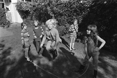 Black White Photo Girls Friends Playing Outside  7x10  Reprint  A-22