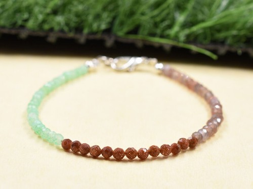 Chrysoprase + Goldstein + Pfirsich Mondstein 3 mm facettiert Perlen Edelstein Armband 7"