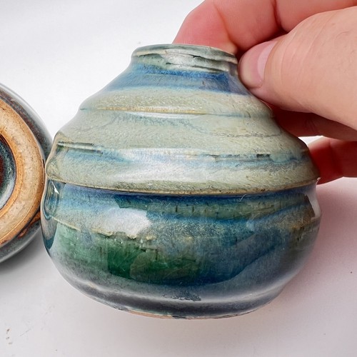 Studio Art Pottery Bud Vases By CM Stamped BlueGreen Drip Glaze Ceramic Set Of 2 - Picture 6 of 13