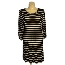 Talbots Dress LARGE Heather Black White Stripe 3/4 Button Tab Sl Zip Side Slits