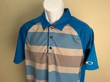 Oakley Men  s Golf Polo Medium Blue White Gray Striped Short Sleeve EUC