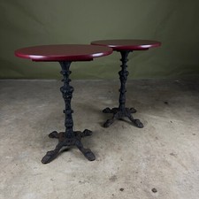 Pair of Burgundy Bistro Tables with Cast Iron Base and Oak Tops