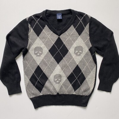 GAP Sweater Size 3T Skull Argyle V-neck Navy Blue Gray Pullover Cotton Boys 