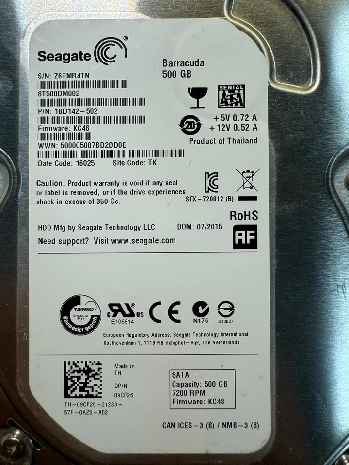 DELL 9CF26 ST500DM002 1BD142-502 500GB Firmware KC48 Date Code 16025 SATA 3.5" - Image 2 of 4