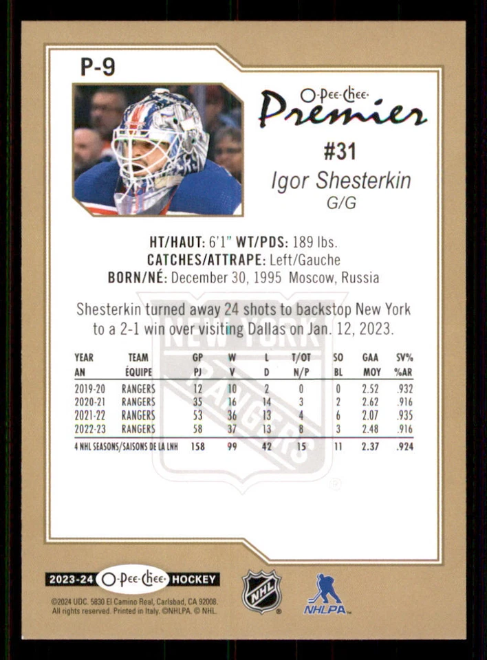 2023-24 O-Pee-Chee OPC Premier #P9 Igor Shesterkin - Image 2 of 2