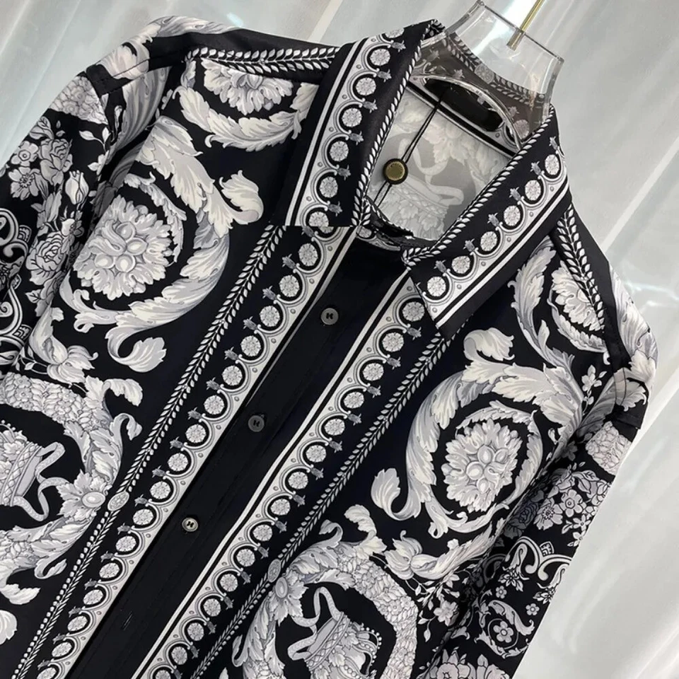 Camisa con botones para hombre de moda negra blanca vintage manga larga camisas de moda Foto 4 de 4