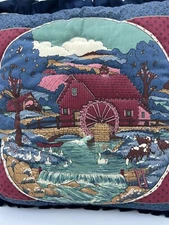 Two Handmade pillow's both labeled An original by Nancy. Farm setting heart trim