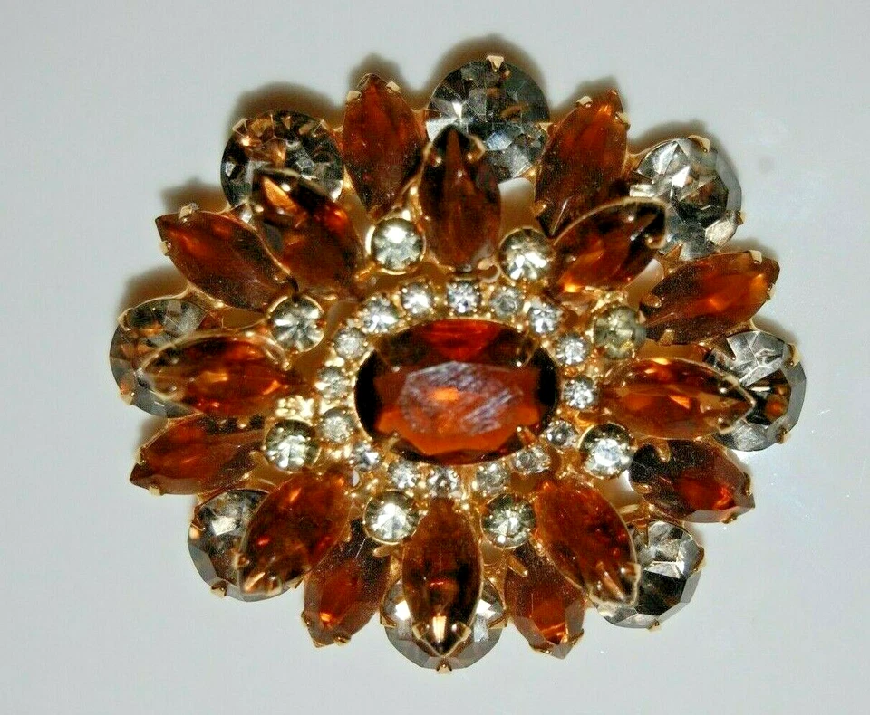 ELEGANT VTG JULIANA COUTURE AMBER & SMOKE TONED CRYSTALS LARGE STATEMENT BROOCH