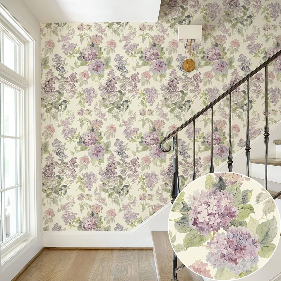 Floral Peel and Stick Wallpaper Removable Pink Purple Lilac Flower Wallpaper - Image 3 of 4