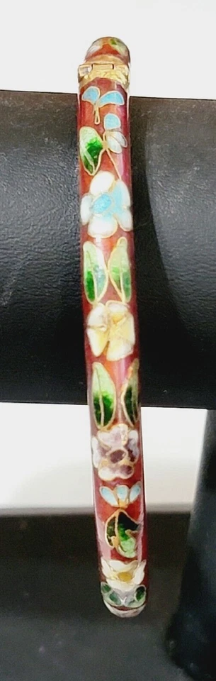 Vintage Red -Green/Gold/Blue/White Cloisonne Hinged Bangle Bracelet Aisan Floral - Image 3 of 4