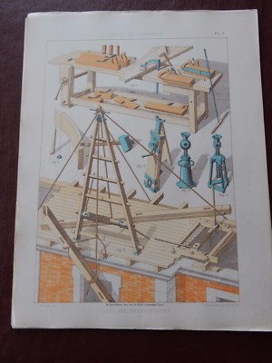 carpentry tools / equipment PLANES SAWS  30 x 41cm  large Victorian  bookplate 