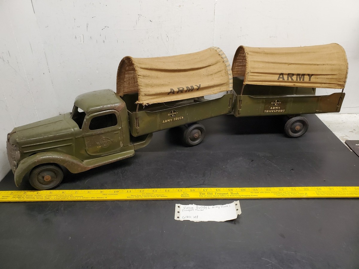 1930's VINTAGE BUDDY L ARMY TRUCK AND TRANSPORT TRAILER RARE