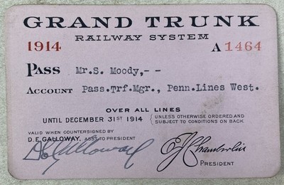 Antique 1914 Pass Grand Trunk Railway System