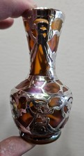 Beautiful Loetz art glass sterling silver overlay vase, 4-1/4" tall, no issues