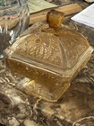 Vtg Jeanette Amberina Square Pedestal Candy Dish w/Lid Acorn Pattern Iridescent