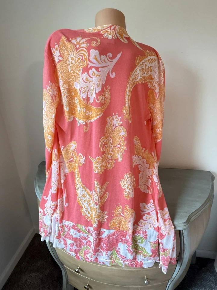 Cárdigan Plumero CHICOS 1 M Long Line Frente Abierto CORAL PAISLEY Costero Foto 4 de 4