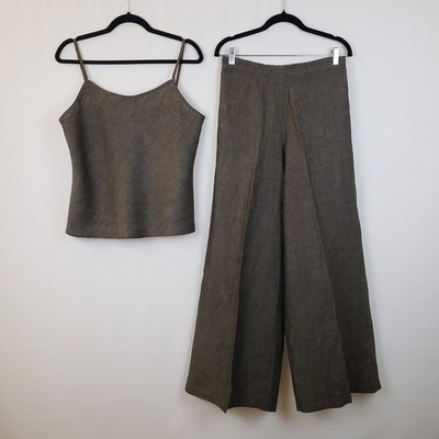 Bryn Walker Linen Pants Set S Wide Leg Camisole Tank Olive Made In USA Rich Mom 