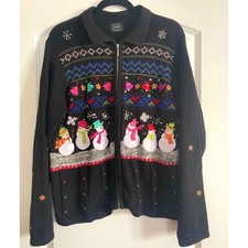 Vtg Style Holiday Snowman Christmas Sweater Full Zip Knit Cardigan Size L