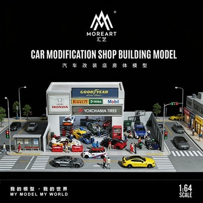 1/64 Diorama Die-Cast Car Garage Model LED Street Repair Workshop Building Scene