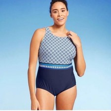 Lands' End Women's UPF 50 Full Coverage High Neck Tugless One Piece Navy L 14-16