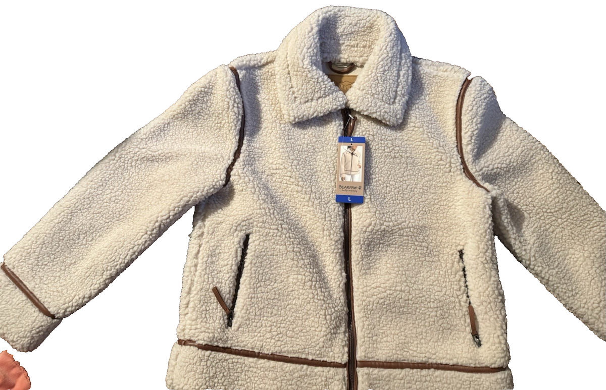 BEARPAW Women's Cream Moto Faux Shearling Zip Winter Jacket size L
