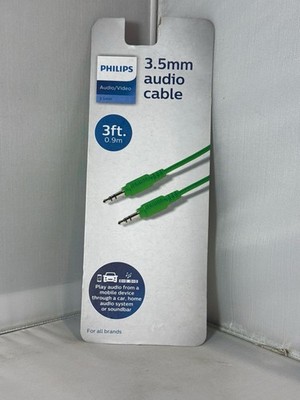 New Sealed Pkg Philips Audio/Video 3.5mm Green Audio Cable for All Brands 3 feet