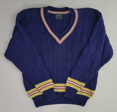 Vtg 80s Cricket Brand Striped V Neck Chunky Cable Knit Preppy Tennis Sweater XL