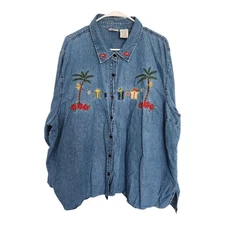 White Stag Plus Size Denim Embroidered Holiday Christmas Palm Tree Button Down