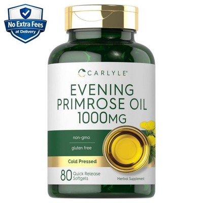 Evening Primrose Oil 1000mg with GLA (Omega 6) 80 Softgels Cold Pressed, Non-GMO