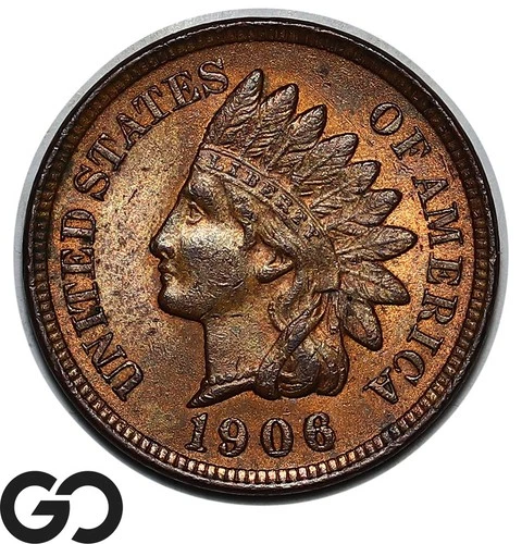 1906 Indian Head Cent Penny, Original Red Brown, Gem BU++