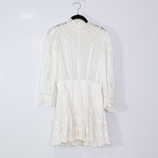 LoveShackFancy Viola Cotton High Neck Long Sleeve Smocked Waist Mini Dress White