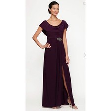 NWT Alex Evenings Celeste Eggplant Purple Matte Cowl Neck Gown Size 6 199